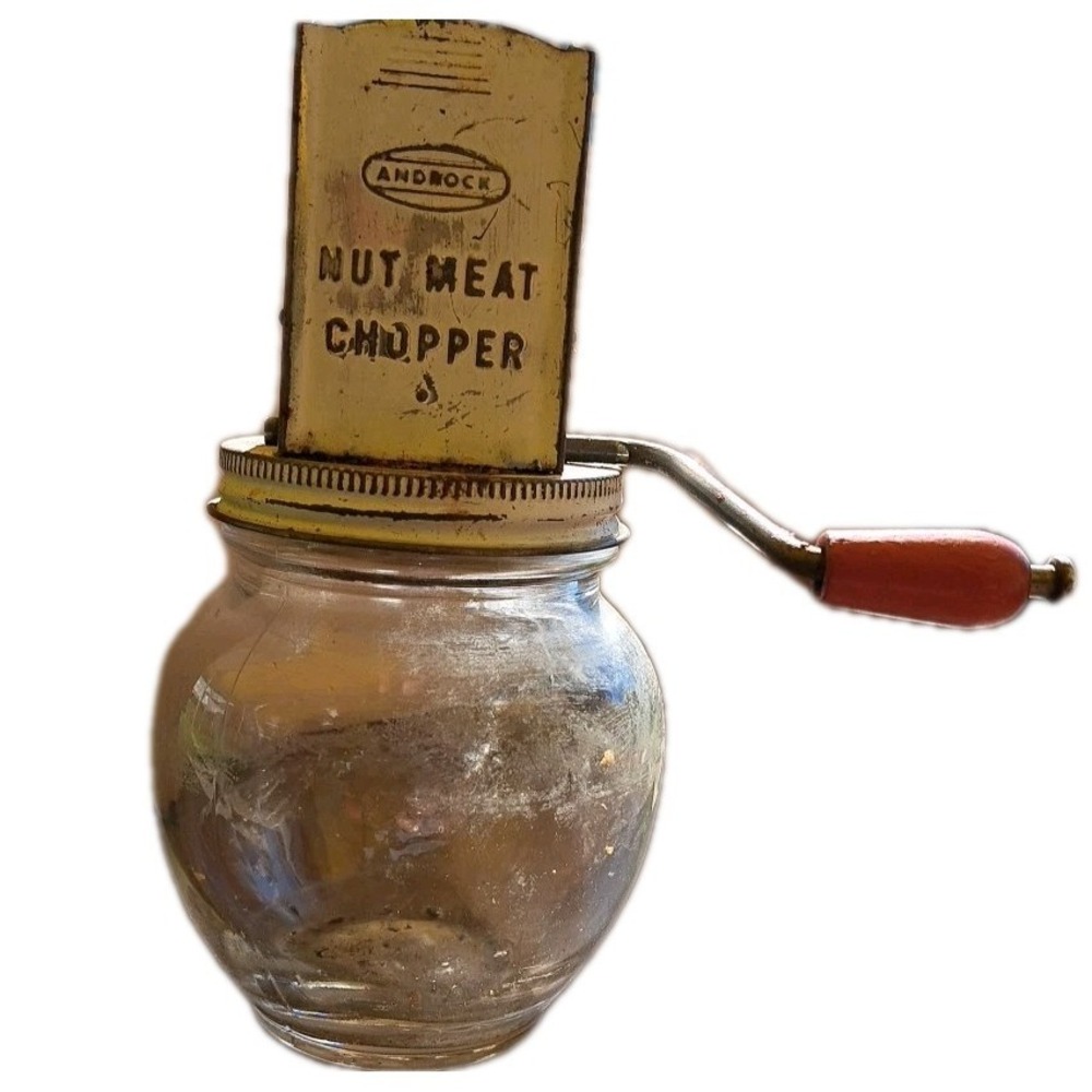 Vtg Androck Uniform Nut Meat Chopper Cream Wooden Handle, Glass Catcher